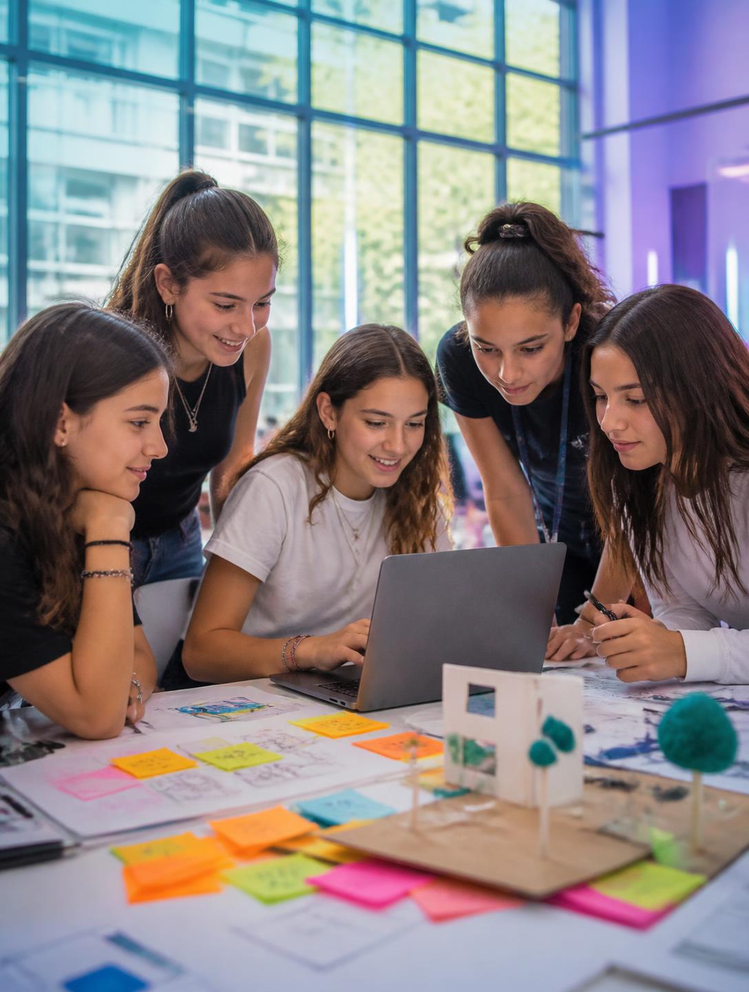 Alumnas trabajando en equipo durante el hackathon